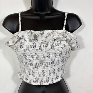 Hollister White and Purple Floral Tube Top Ruffle Smocked Removable Strap Medium